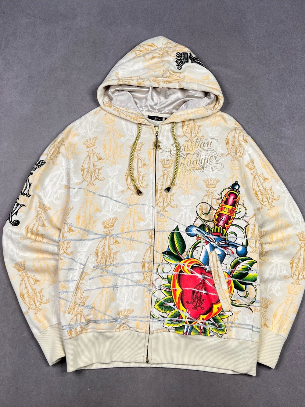 Christian Audigier Cream Zip-Up Hoodie with Colorful Tattoo Heart Graphic